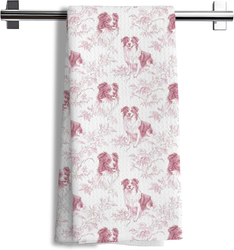 Nipil Border Collie Dog Gifts for Pink Chinoiserie Floral Decor Kitchen Towels，Pink Border Collie Dog Grandmillennial Decorative Dish Tea Towels for Kitchen Bathroom,16x24 Inch - Image 1
